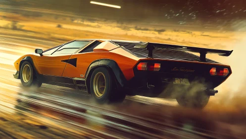 Retro supercar powers through wet highway at golden sunset