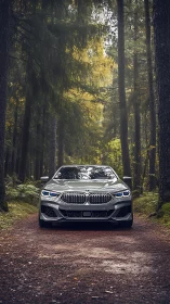 Silver sedan is parked on a straight dirt road in dense forest