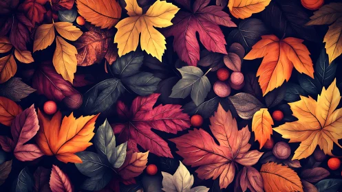 Autumn maple leaves form dense colorful seasonal pattern
