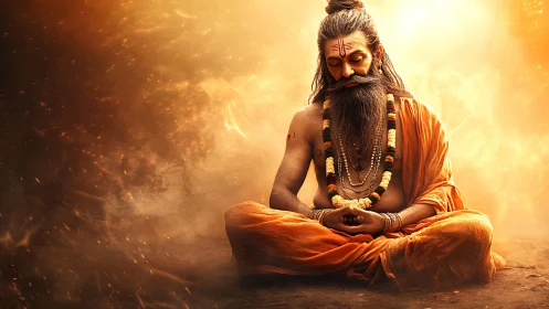 Seated ascetic figure meditating amid diffuse orange light
