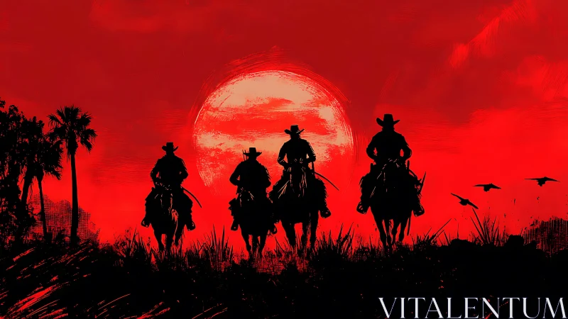 Silhouetted riders move across grassland before a large sun