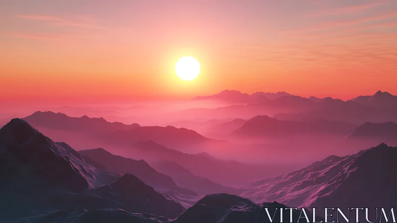 Sunset illuminates layered mountain ridges in pink haze