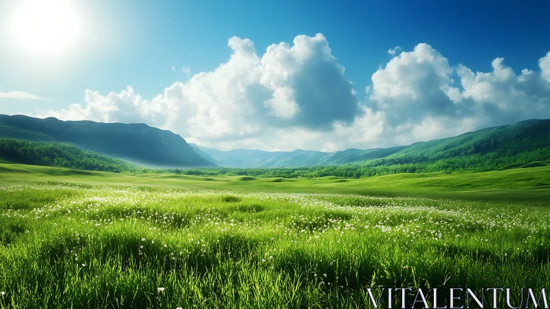 Sunlit green valley stretches beneath bright clouds and hills