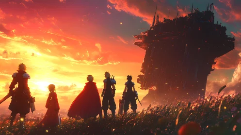 Five armed figures observe a massive floating fortress at sunset