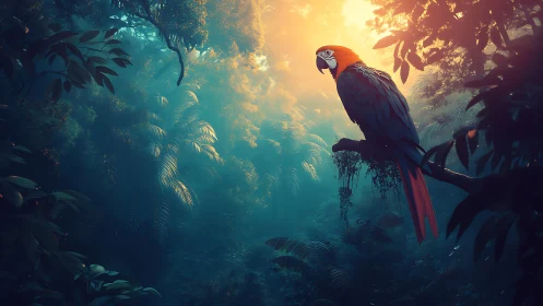 Scarlet macaw rests on branch in backlit dense rainforest