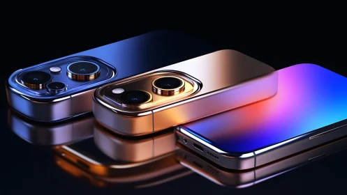 Modern smartphones with metallic finishes in vibrant studio lighting.
