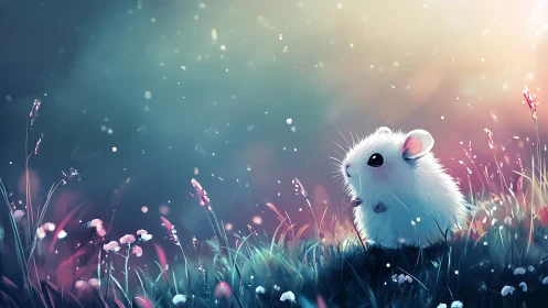 Twilight meadow mouse drifts through pastel spark and hush.