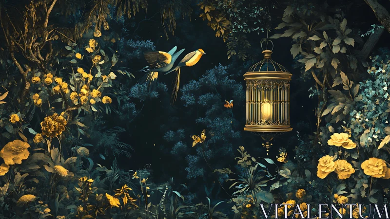 Enchanted night garden surrounds a glowing golden birdcage.