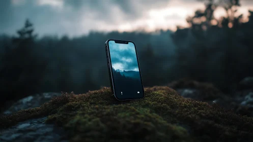 Smartphone with reflective forest lockscreen stands on wet moss