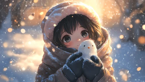 Child in winter coat holding snow duck in soft sunset glow.