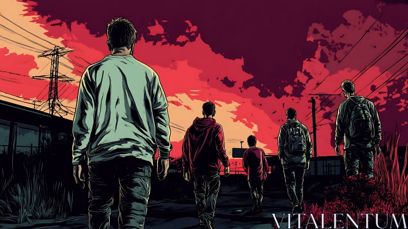 Five duskwalkers drift toward a neon-crimson horizon