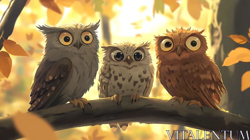 Three adorable cartoon owls on a branch in a warm autumn forest.