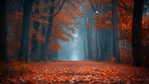 Autumn's Luminous Passage Through Mist-Draped Forest