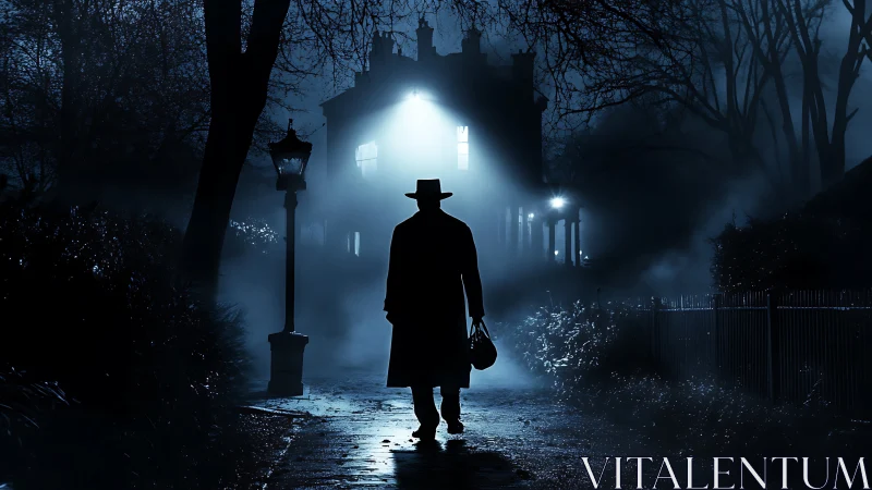 Midnight stranger approaches a haunted, blue-lit manor.