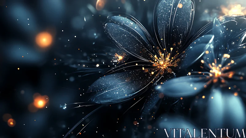 Luminous blue flowers glow with sparkling cosmic energy