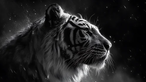Monochrome tiger portrait gazes into dark starry void