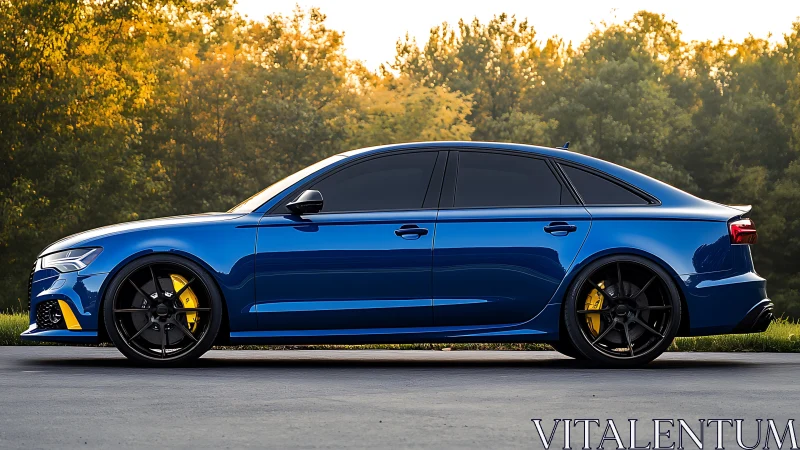 Lowered blue sedan with black wheels on forest road at dusk.