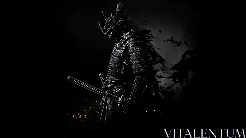 Shadowed samurai stands in dark armor holding katana blade.