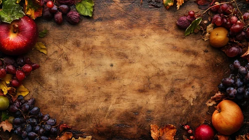 Autumn fruits arranged around worn wooden surface border.