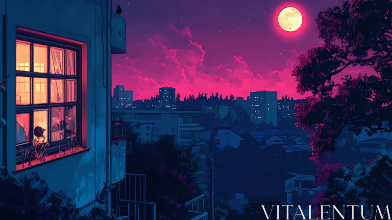 Moonrise over neon dusk windows in a quiet cityscape.