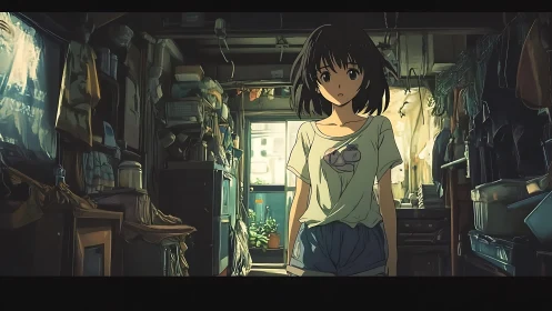 Young woman stands in cluttered interior with backlit doorway