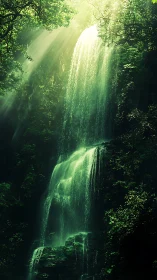 Sunlit forest waterfall descends over dark mossy cliff