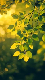 Sunlit green leaves with soft golden forest bokeh background.
