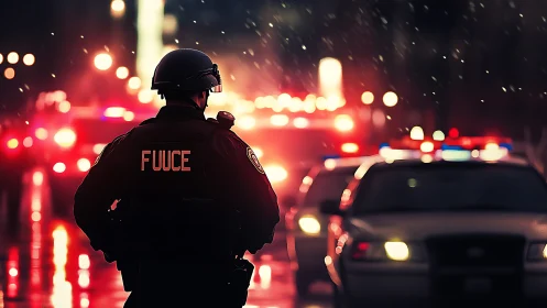 Neon downpour patrol in a siren-soaked midnight corridor.