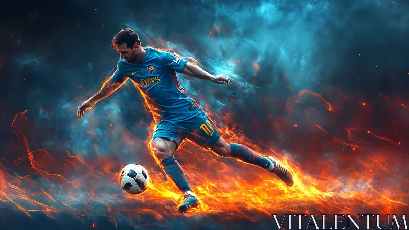 Fiery soccer striker drives ball through blazing field.