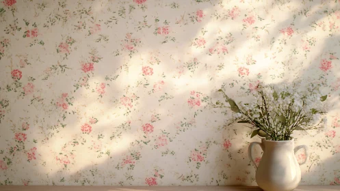 Vintage Floral Wallpaper with White Pitcher and Daisies.