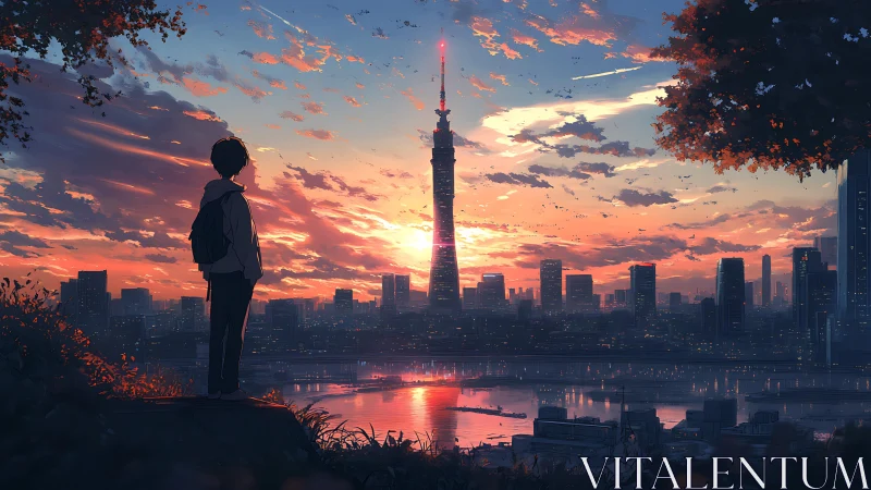 Solitary figure observing city tower at vivid sunset.