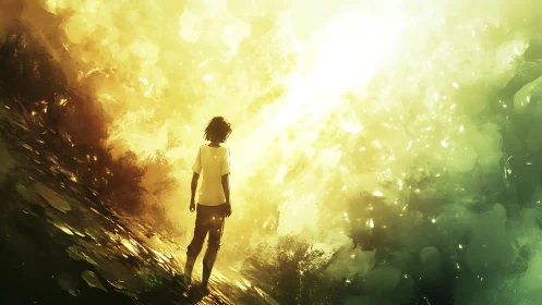 Solitary youth on slope facing blinding ethereal light field