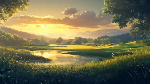 Sunlit golf fairway beside reflective pond at golden hour