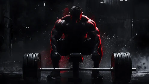 Backlit bodybuilder preparing deadlift under dramatic red key light