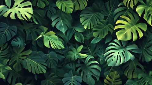 Layered monstera foliage rendered with soft digital gradients