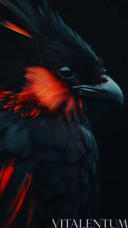 Crimson-lit black bird portrait reveals sleek digital plumage