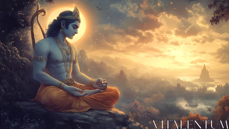 Divine meditative figure over mythic valley at golden sunset