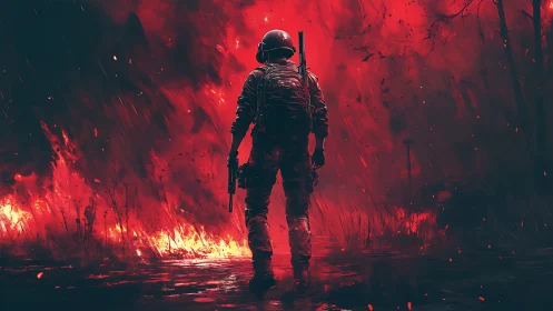 Soldier Standing Amid Inferno: Tactical Combat Against Raging Wildfire