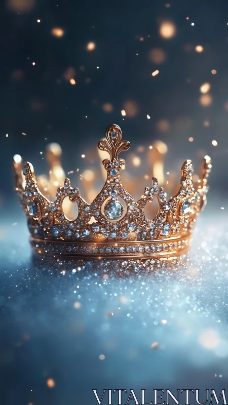 Gold jeweled crown on glittering blue surface at night.