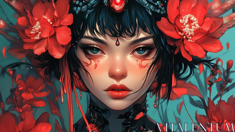 Portrait merges red blossoms with luminous digital geisha