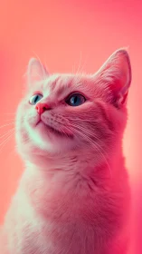 Neon Pink Cat Portrait Against Vibrant Gradient Background