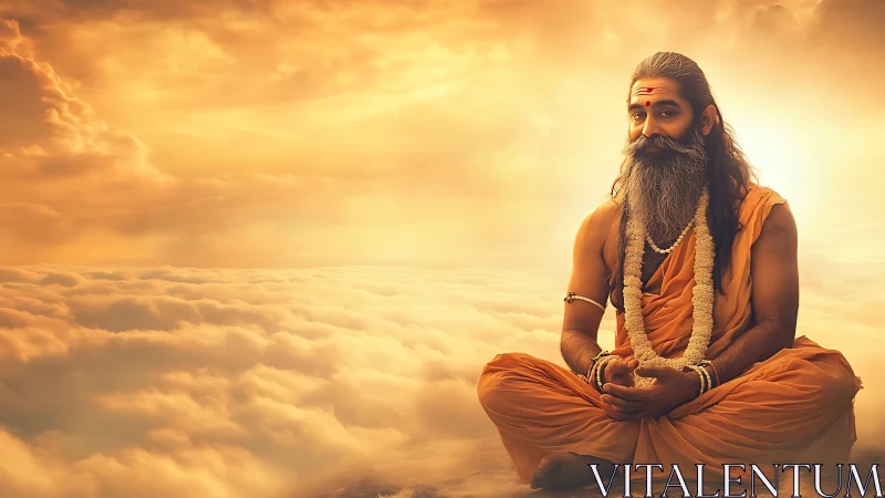 Mystic sage in golden celestial clouds, soft radiant light.