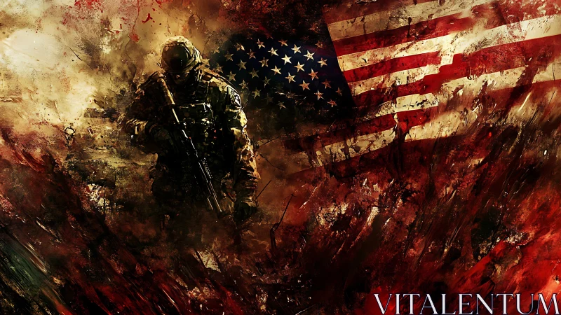 Tactical infantry silhouette amid ablative flag turbulence.