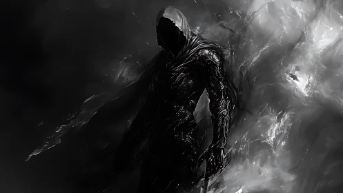 Shadow-cloaked wanderer emerges calmly from swirling darkness