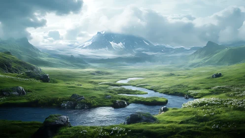 Digital painting of alpine river valley under diffuse atmospheric light.