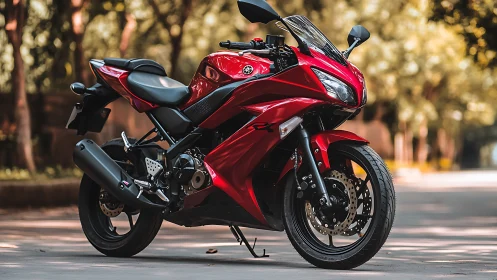 Red sport motorcycle stands poised for an urban street ride