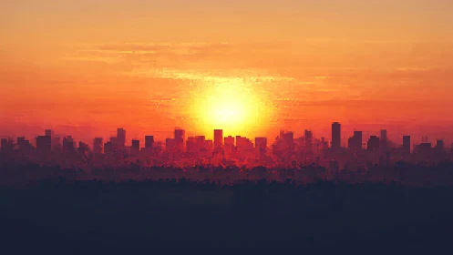 Vibrant pixel art city skyline glows under a blazing sunset
