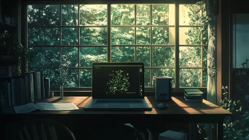 Biophilic workstation with generative data visual interface.