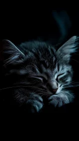 Slumbering tabby cat with sculptural head positioning against dark background.