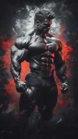 Titan of charcoal steel strides through molten red storm